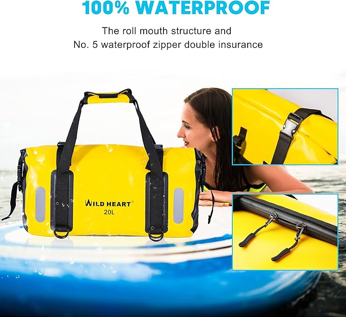 WILD HEART Waterproof Bag Duffel Bag 20L 30L 40L with Welded Seams Shoulder Straps Mesh Pocket for Kayaking Camping BoatingBicycleMotorcycle