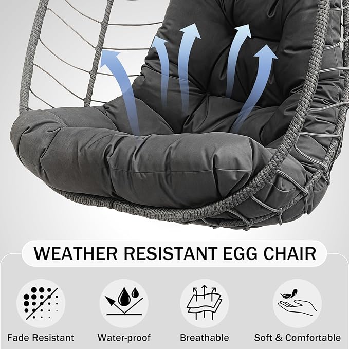 Hanging Egg Chair with Stand Outdoor Indoor Rattan Wicker Swing Chair Foldable Patio Hammock with Cushion Dark Grey 350 LBS Capacity (Dark Grey)