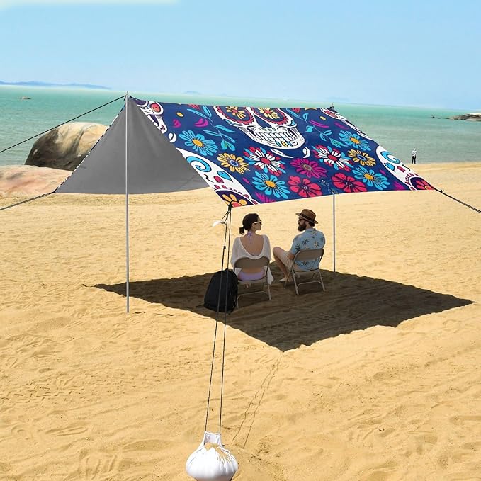 ALAZA Sugar Skull on Blue Beach Tent Sun Shelter Portable Canopy Sunshade for Outdoor Camping Picnics Backyard Fun 10x9 ft