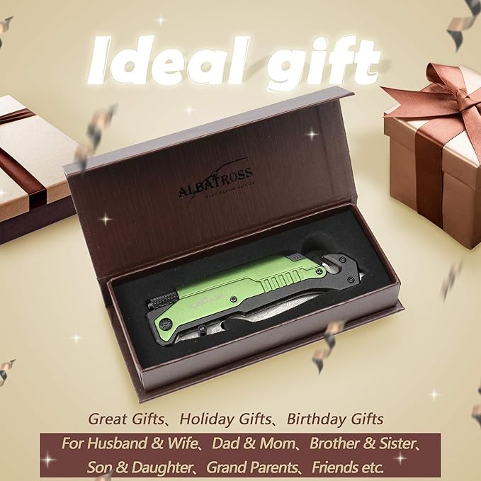ALBATROSS 6-in-1 Modern Damascus Steel Folding Pocket Knives with LED LightSeatbelt CutterGlass BreakerMagnesium Fire StarterBottle OpenerMulti-Function Emergency Tool(Green-DA)