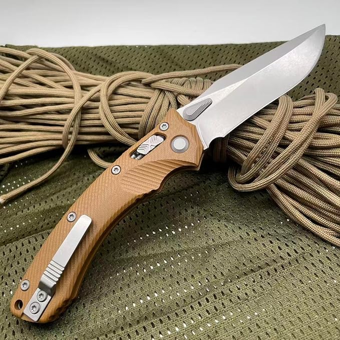 Outdoor Folding Pocket Knife with 3.9 M390 Stonewashed Blade Desert G10 Handle Crossbar-Lock Mechanism for Camping Hiking Survival EDC