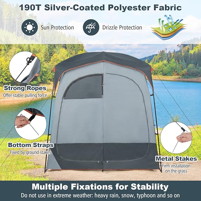 Tangkula Double Room Shower Tent Oversize Space Privacy Tent with Floor Removable Rain Fly Inside Pocket Clothesline Top Hook Portable Outdoor Changing Tent for Dressing Camping Toilet