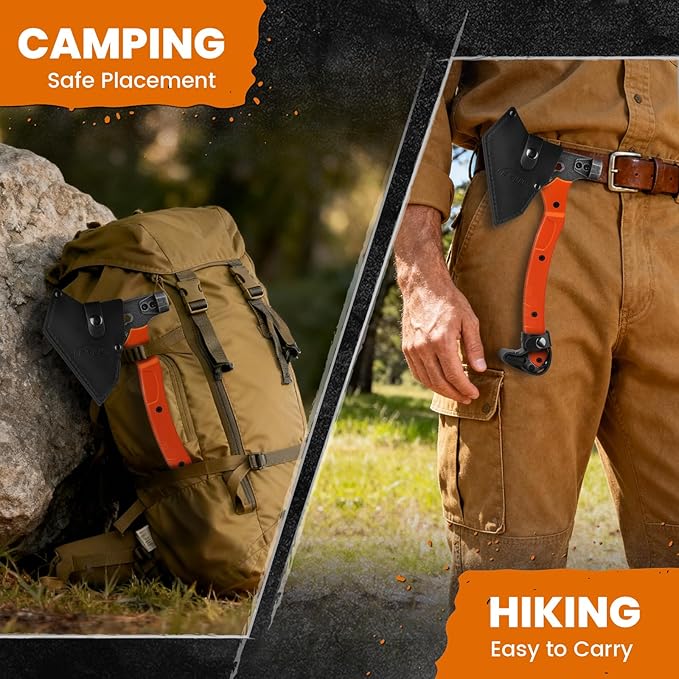 Tactical Axe with G10 Handle Camping Survival Hatchet Multifunctional Outdoor Hiking Heavy Duty Full Tang Tomahawk Tools with Hammer Unique Design Crowbar Leather Sheath (Orange)