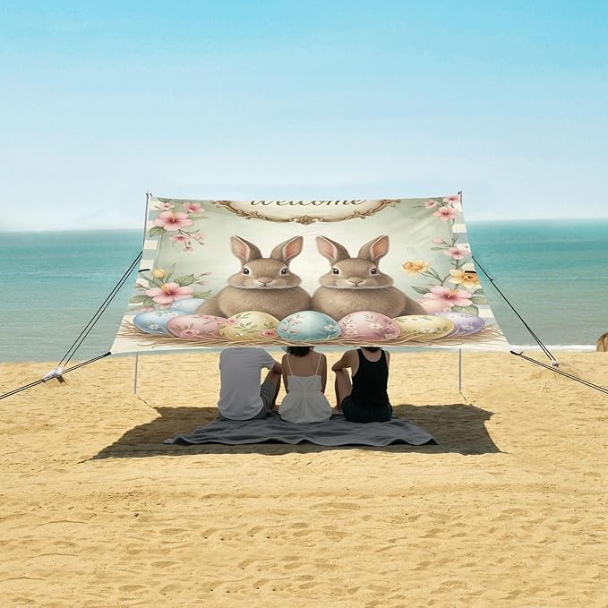 Beach Canopy with Windproof Ropes &amp Sandbags Beach Tent Sun Shade Sun Shelter for Camping Trips Fishing Backyard Fun or Picnics Easter Bunny