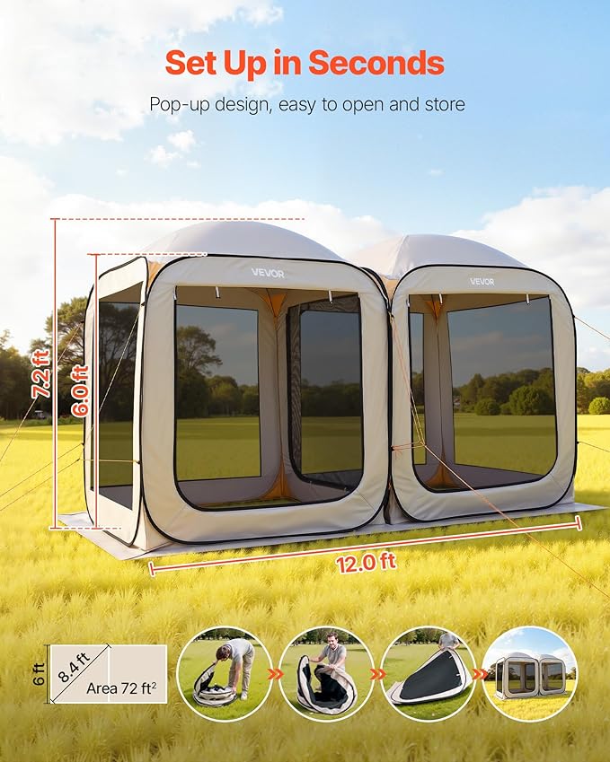 VEVOR Pop up Screen House Tent 12 x 6 ft 2 in 1 Screen Gazebo Portable Screened in Canopy with Carry Bag Netting Sides Ground Stakes for Garden Patio Backyard and Outdoor Activities Beige