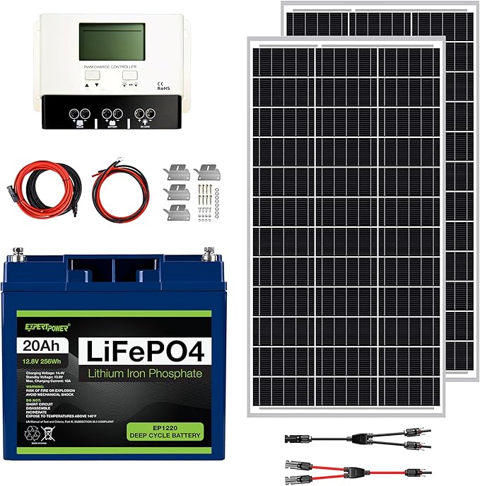 ExpertPower 200W 12V Solar Power Kit | 12V 20Ah LiFePO4 Lithium Battery | 200W Mono Rigid Solar Panels 30A PWM Solar Charge Controller | RV Trailer Camper Marine Off Grid Solar Projects