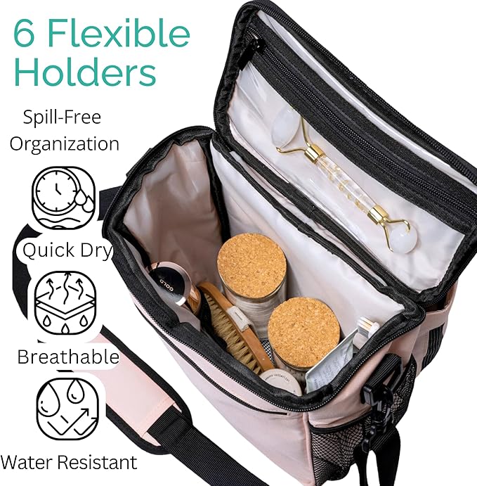 TERRA HOME XL Portable Shower Caddy Bag for Girls with Extra Storage Durable Mesh Bottom Shoulder Strap Keychain Holder Shower Caddy Case for College Dorms - Travel Vacation Essentials (Blush Pink)