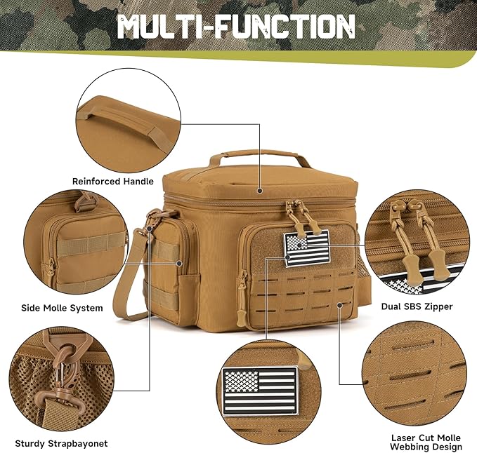 QT&ampQY Tactical Lunch Bag for mens Military heavy duty lunch box work Leakproof insulated Durable Thermal Cooler Bag for Adult Meal for Office Camping Picnic Pail MOLLE Webbing Khaki