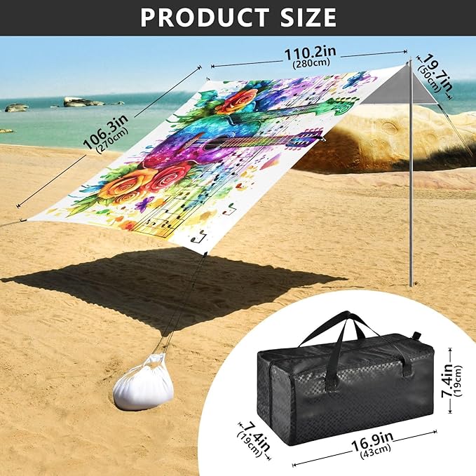 ALAZA Music Notes Guitar Beach Tent Sun Shelter UPF50+ Protection Beach Shade Canopy w/ 4 Sandbags for Outdoor Camping Fishing Backyard Fun Picnic 10x9 ft