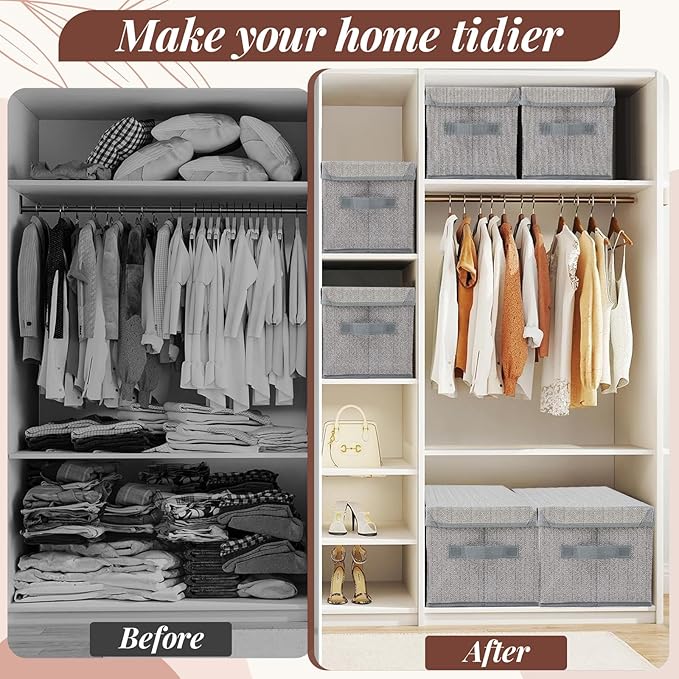 LemonRoad 6 Pack 14'' x 10'' x 8'' Collapsible Storage Cubes Bins with Removable Lids Fabric Closet Organizers with Handles Foldable Memory Boxes for Shelves Nursery Bedroom Home Closet Gray