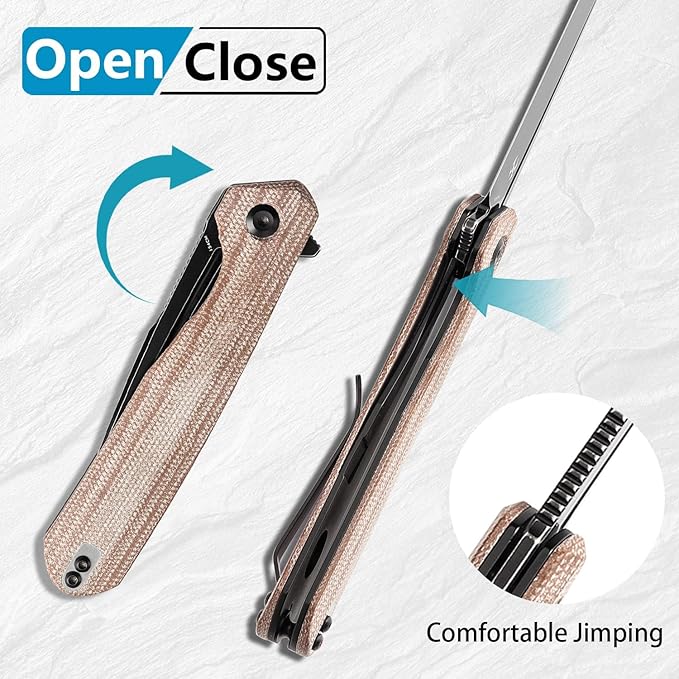 KANSEPT Qilin Pocket Knife 3.24'' Blackwash 154CM Sharp Blade Brown Micarta Handle for Edc Flipper and Liner Lock with Double-Sided Clip Men Camping Survival Folding Knives T1047A3