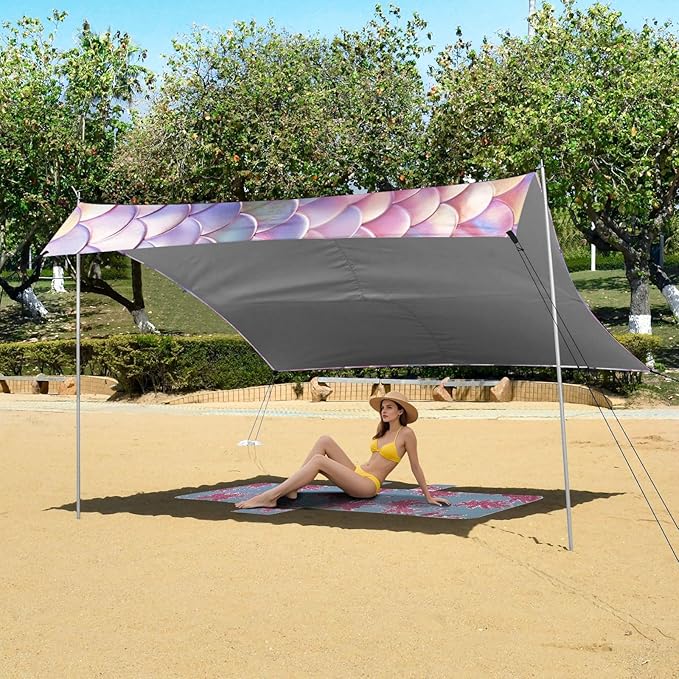 ALAZA Rainbow Mermaid Beach Tent Sun Shelter UPF50+ Protection Beach Shade Canopy w/ 4 Sandbags for Outdoor Camping Fishing Backyard Fun Picnic 10x9 ft