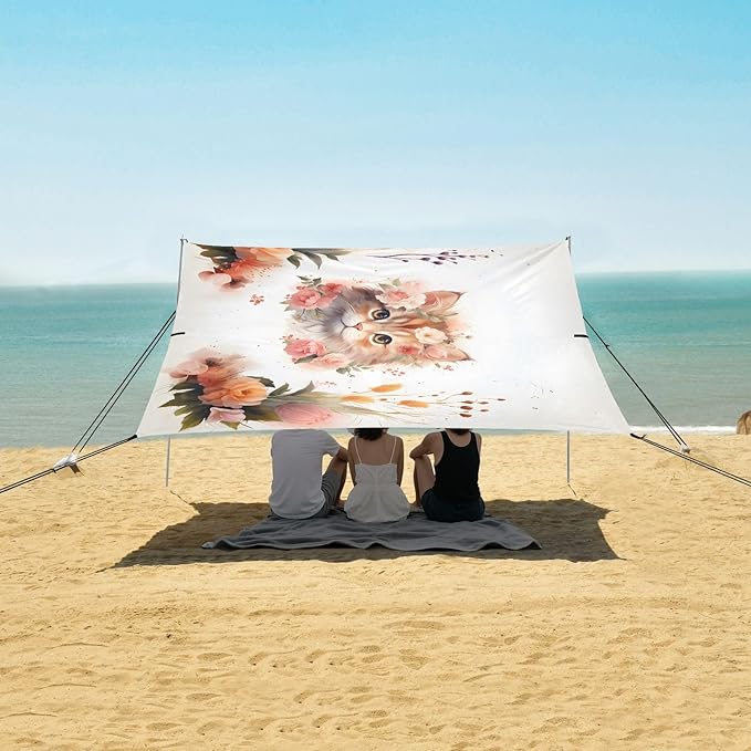 ALAZA Cat Kitten Rose Flower Beach Tent Sun Shelter UPF50+ Protection Beach Shade Canopy w/ 4 Sandbags for Outdoor Camping Fishing Backyard Fun Picnic 10x9 ft
