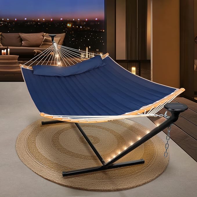 SUNCREAT Double Outdoor Hammock with 12 ft Stand Solar Powered Lights Portable 2 Person Hammock with Stand Dark Blue