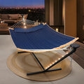 SUNCREAT Double Outdoor Hammock with 12 ft Stand Solar Powered Lights Portable 2 Person Hammock with Stand Dark Blue