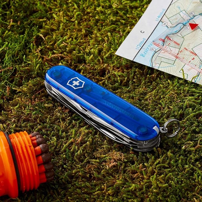 Victorinox Camper Swiss Army Knife 13 Functions Swiss Made Pocket Knife with Large Blade Screwdriver Tweezers and Key Ring - Sapphire
