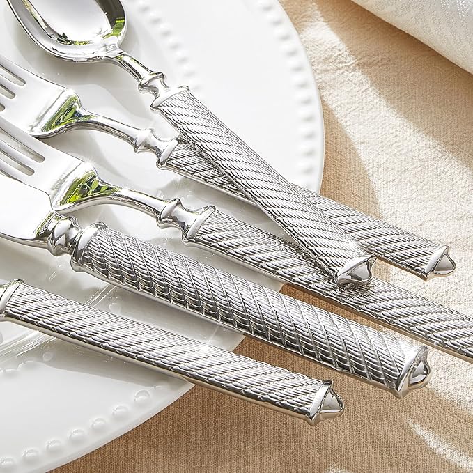 KINGSTONE Retro Rope-Pattern Silverware Set 60-Piece Flatware Set Cutlery Set Forged with Handcrafted Texture Handles 18/10 Stainless Steel Dishwasher Safe