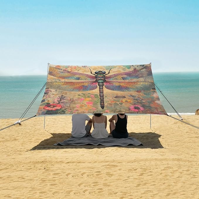 ALAZA Dragonfly Flowers Beach Tent Sun Shelter Portable Canopy Sunshade for Outdoor Camping Picnics Backyard Fun 10x9 ft