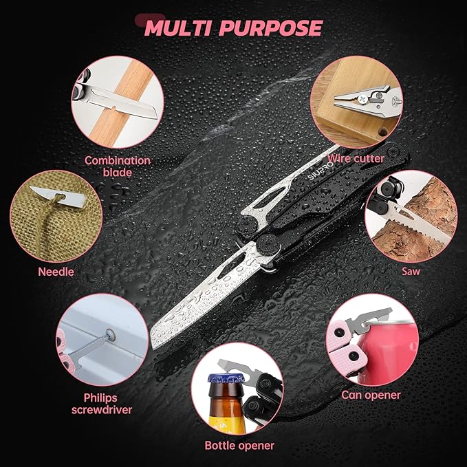 SIUPRO Multitool Pocket Knife for Men Women Tactical Multi Tool with Pliers Saw Screwdriver All Self-Locking Survival Gear With Clip and Pouch for Camping Gifts Idea Pink