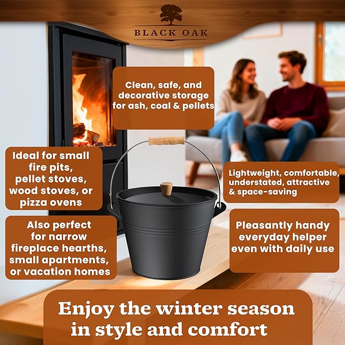 BLACK OAK Ash Bucket Pago 1.5 GAL - Black with lid with Wooden Handle + Brush + Shovel &amp Gloves - 5L Large Steel Fireproof Galvanized &amp Powder-Coated Bucket for ash Coal pellets Modern Desi