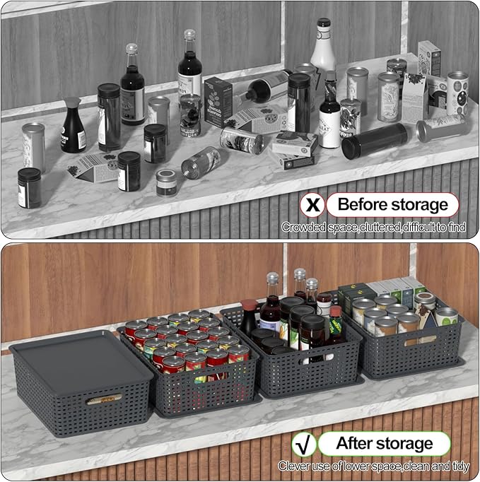 Gray Plastic Storage Basket Bins with Lid 6-Pack Stackable Baskets with Lid 14.05 x 11.65 x 5.31