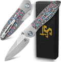 Sitivien ST273 Folding Knife S90V Steel Blade Titanium &amp Carbon Fiber Handle Knife with Pocket Clip for Outdoor Camping Hiking Survival Hunting (Blue+Red)
