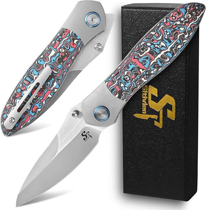 Sitivien ST273 Folding Knife S90V Steel Blade Titanium &amp Carbon Fiber Handle Knife with Pocket Clip for Outdoor Camping Hiking Survival Hunting (Blue+Red)