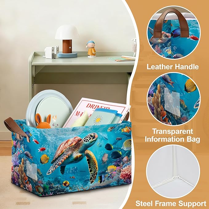 Sea Turtle Storage Bins with Handles Collapsible Storage for Clothes Gift Basket Blankets &amp Closet Organization