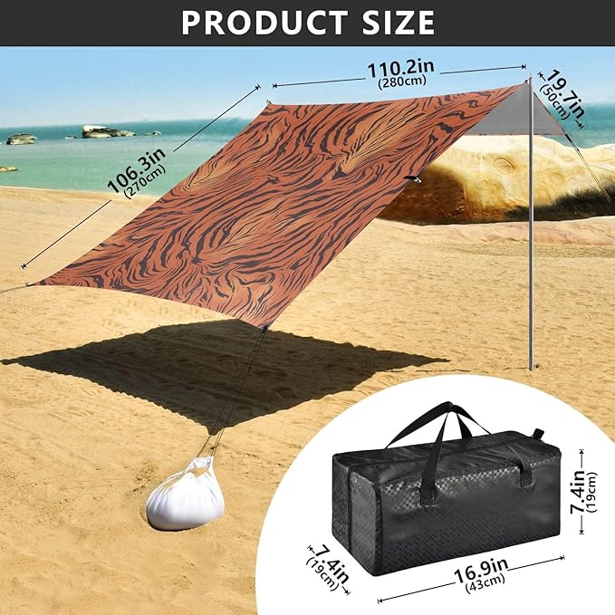 Tigers Print Style DarkRed Beach Cabana Tent UPF50+ Protection Lightweight Sun Shelter Includes Sand Shovel Sandbags Stability Poles for Camping Trips Fishing Backyard Fun or Picnics