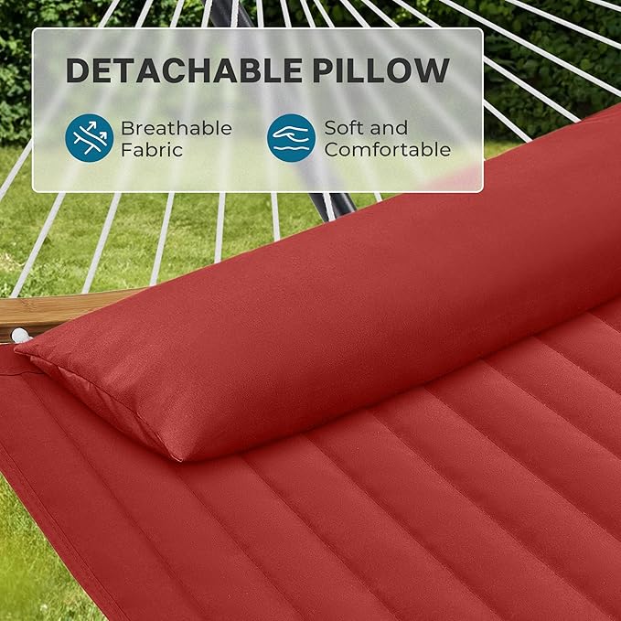 SUPERJARE Hammock with Stand 2 Person Heavy Duty Hammock with Padded Cotton Detachable Pillow &amp Strong Curved-Bar &amp Portable Carrying Bag Perfect for Outdoor &amp Indoor Red
