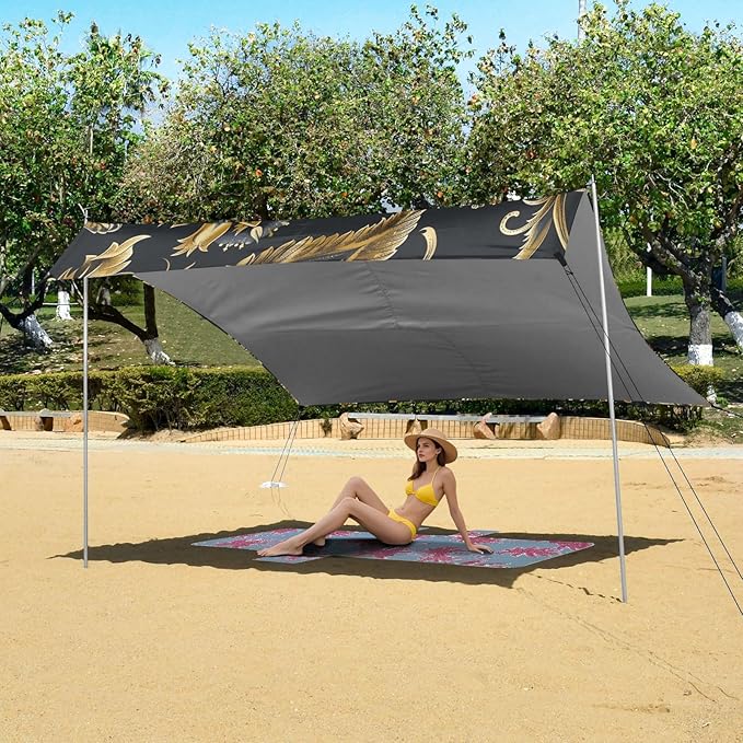 ALAZA Gold Paisley Beach Tent Sun Shelter UPF50+ Protection Beach Shade Canopy w/ 4 Sandbags for Outdoor Camping Fishing Backyard Fun Picnic 10x9 ft