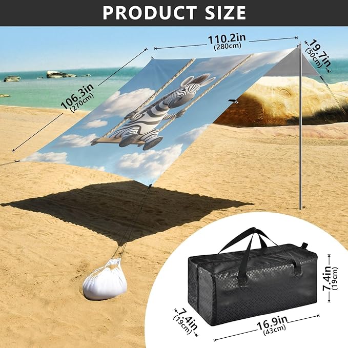 ALAZA Zebra Swing Bar Blue Sky Cloud Beach Tent Sun Shelter Portable Canopy Sunshade for Outdoor Camping Picnics Backyard Fun 10x9 ft
