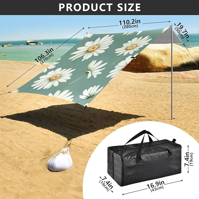 ALAZA Daisy Flowers Vintage Green Beach Tent Sun Shelter Portable Canopy Sunshade for Outdoor Camping Picnics Backyard Fun 10x9 ft