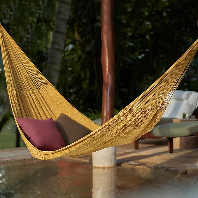 NOVICA Mustard Yellow Hand Woven Cotton Mayan 2 Person XL Rope Hammock with Hanging Accessories 'Maya Mustard' (Double)