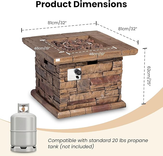 HOMPUS Outdoor Propane Fire Pit Table 32-inch Imitation Stone Square Concrete Propane Fire Pit with Lava Rocks and Rain Cover 50000 BTU Gas Smokeless Fire Pits for Outside PatioGarden CSA Certified