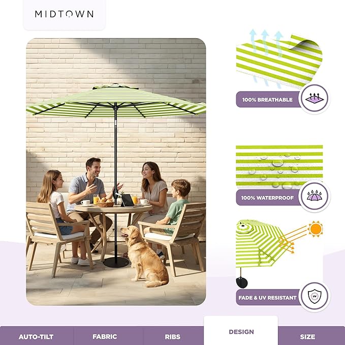 Midtown Umbrellas - 10-Year-No-Fade 10 Ft Patio Umbrella with Terylast Fabric Auto-Tilt Aluminum Frame and 8 Reinforced Ribs for Deck Pool Garden &amp Beach - Green/White Stripes Canopy Black Pol