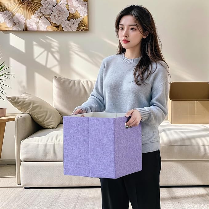 Foldable Cube Storage Bin Organizing Baskets Cubby Boxes Fabric Storage Cubes Organizer Bins with Handles for Organization Shelf Closet 13x13x13 Pack of 4 Purple