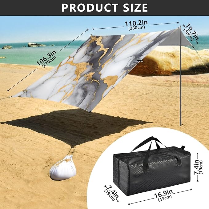 ALAZA Black &amp Gold Marble Modern Beach Tent Sun Shelter UPF50+ Protection Beach Shade Canopy w/ 4 Sandbags for Outdoor Camping Fishing Backyard Fun Picnic 10x9 ft