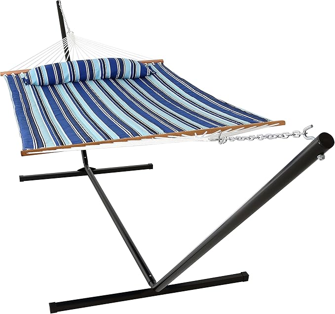 Sunnydaze Quilted Double Hammock with Stand for Outside - 400-Pound Capacity 2-Person Hammock with Stand - 15-Foot Stand - Catalina Beach