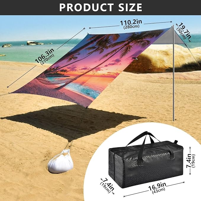 ALAZA Sunset Beach Summer Beach Tent Sun Shelter UPF50+ Protection Beach Shade Canopy w/ 4 Sandbags for Outdoor Camping Fishing Backyard Fun Picnic 10x9 ft