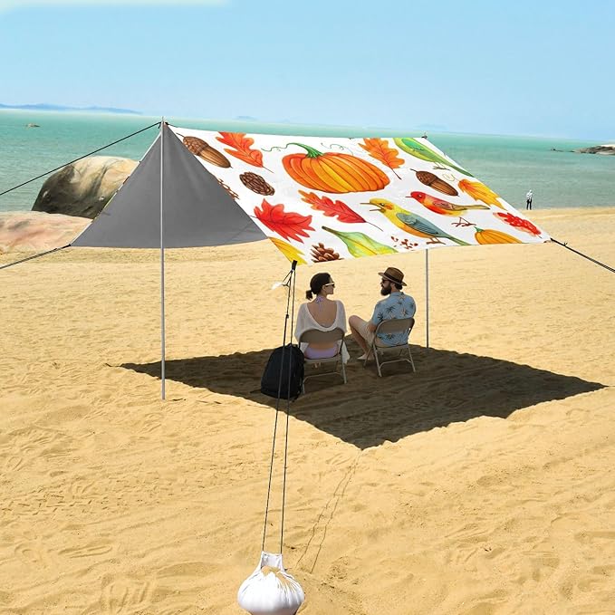 Beach Canopy with Windproof Ropes &amp Sandbags Beach Tent Sun Shade Sun Shelter for Camping Trips Fishing Backyard Fun or Picnics Pumpkins