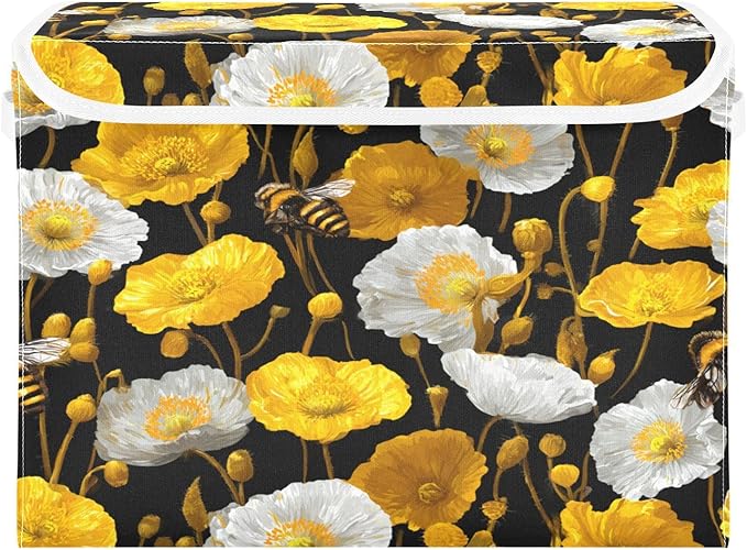 Storage Bins With Lid Stackable Fabric Closet Organizer Clothing Storage Large Boxes For Closet Shelves Bedroom Black Bees and Poppies