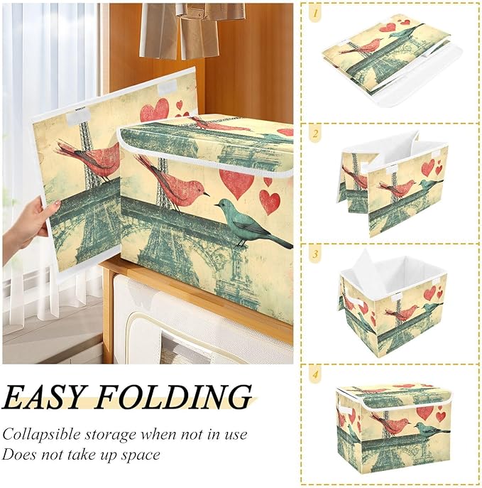 AIXIWAWA Lidded Storage Cube (Eiffel Birds Love) Fabric Foldable Closet Bins with Flip Lid and Handles Organizer Basket Container 16.5 x 12.6 x 11.8 IN