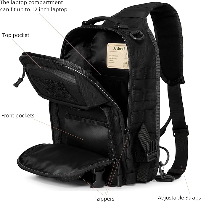 AMHEH 15L 1050D Tactical Sling Bag - Everyday Carry Crossbody Backpack with MOLLE and Concealed Back Pocket Fits 12 Laptop Black