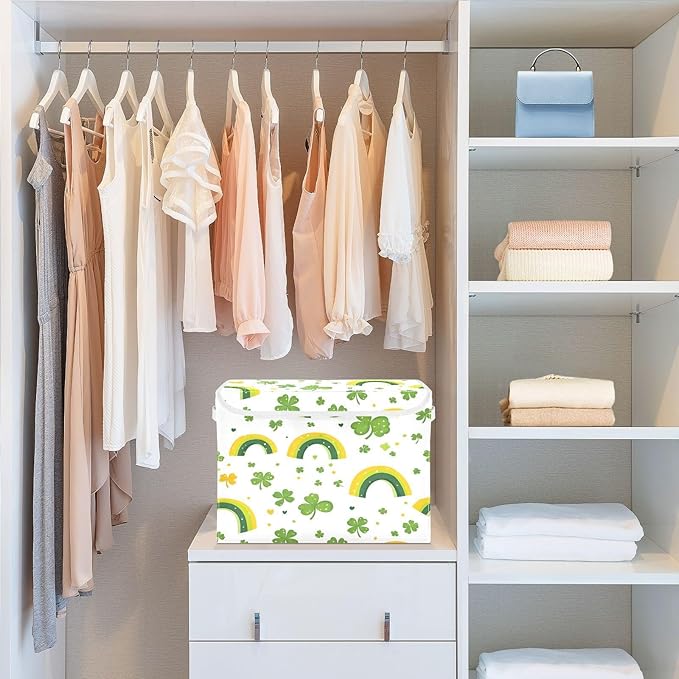 Rainbow and Clover Fabric Storage Bins with Lids and HandleFoldable Storage Bins with LidsCloset Organizers for Clothes Storage Room Organization Office Storage Chest Organizer