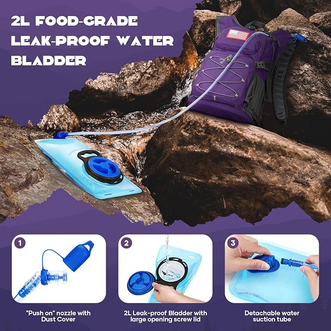 Maelstrom Hydration Hiking Backpack with 2L/3L Water Bladder High Flow Bite Valve Water Backpack Men Women Lightweight Insulation for Hiking Cycling Running Climbing Camping