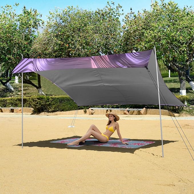 Beach Canopy with Windproof Ropes &amp Sandbags Beach Tent Sun Shade Sun Shelter for Camping Trips Fishing Backyard Fun or Picnics Purple Texture