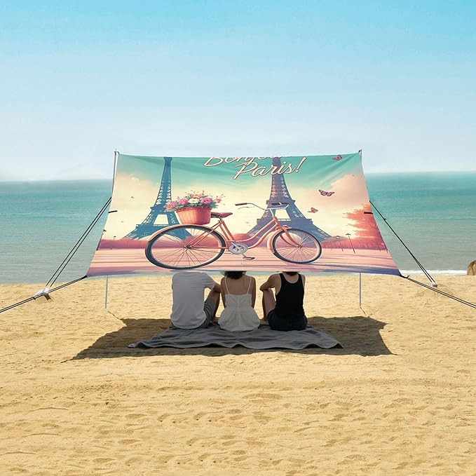 Eiffel Tower Beach Canopy Sun Shelter with Sandbags &amp Sand Shovel &amp Windproof Ropes - Portable 110x126 Beach Shade Beach Tent for Camping Picnics