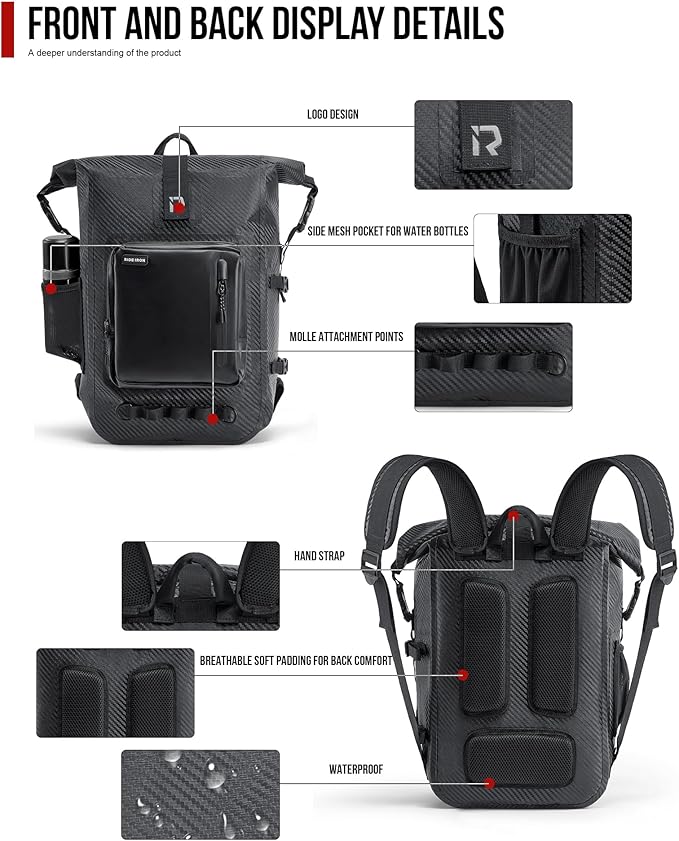 RIDEIRON Waterproof Backpack Motorcycle Dry Bag with Roll Top Closure for Kayaking Travel Surfing Boating Fishing Camping (Carbon Fiber 35L)