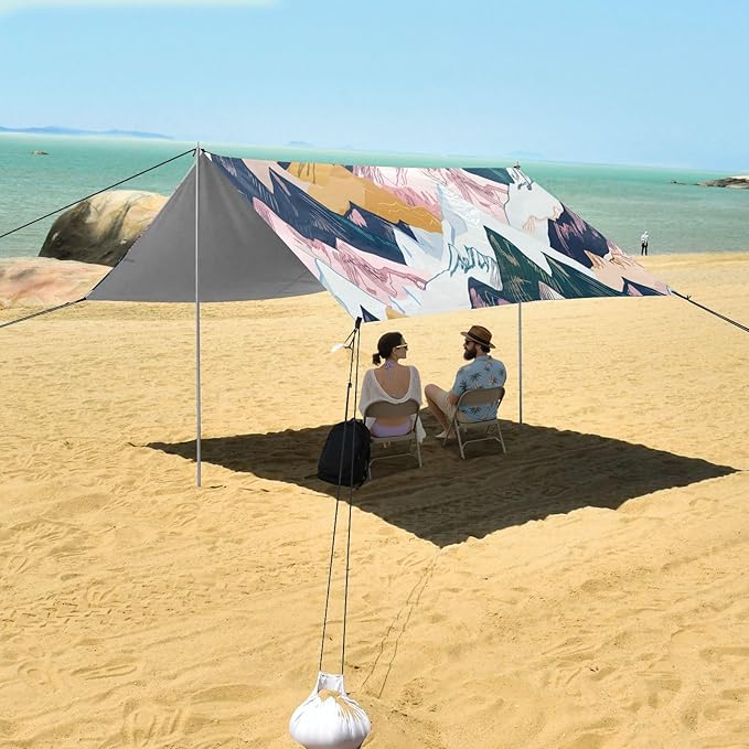 Beach Canopy with Windproof Ropes &amp Sandbags Beach Tent Sun Shade Sun Shelter for Camping Trips Fishing Backyard Fun or Picnics Mountain